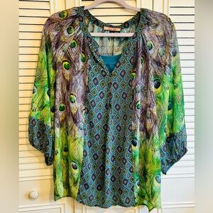 Olive Hill Peacock-Print Layered Tunic in Teal and Green